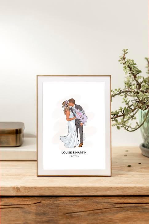 Wedding Couple Print | Personalised Wedding Drawing | Just Married | Anniversary | Wedding Dress Illustration | Bride | Groom